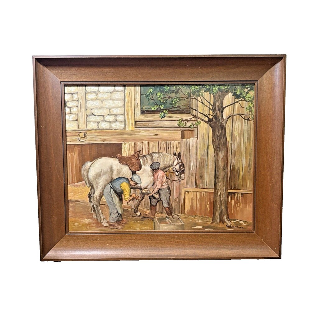 Antique Original Oil Panting Equestrian Shoeing Scene By Valentine Wood Frame